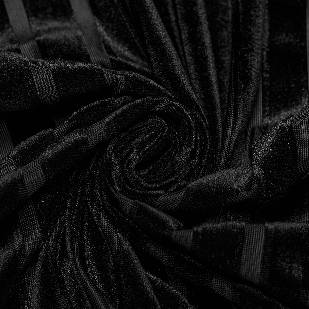 Close-up of chic black striped velvet fabric showcasing a luxurious swirl pattern, ideal for tactical men's clothing.