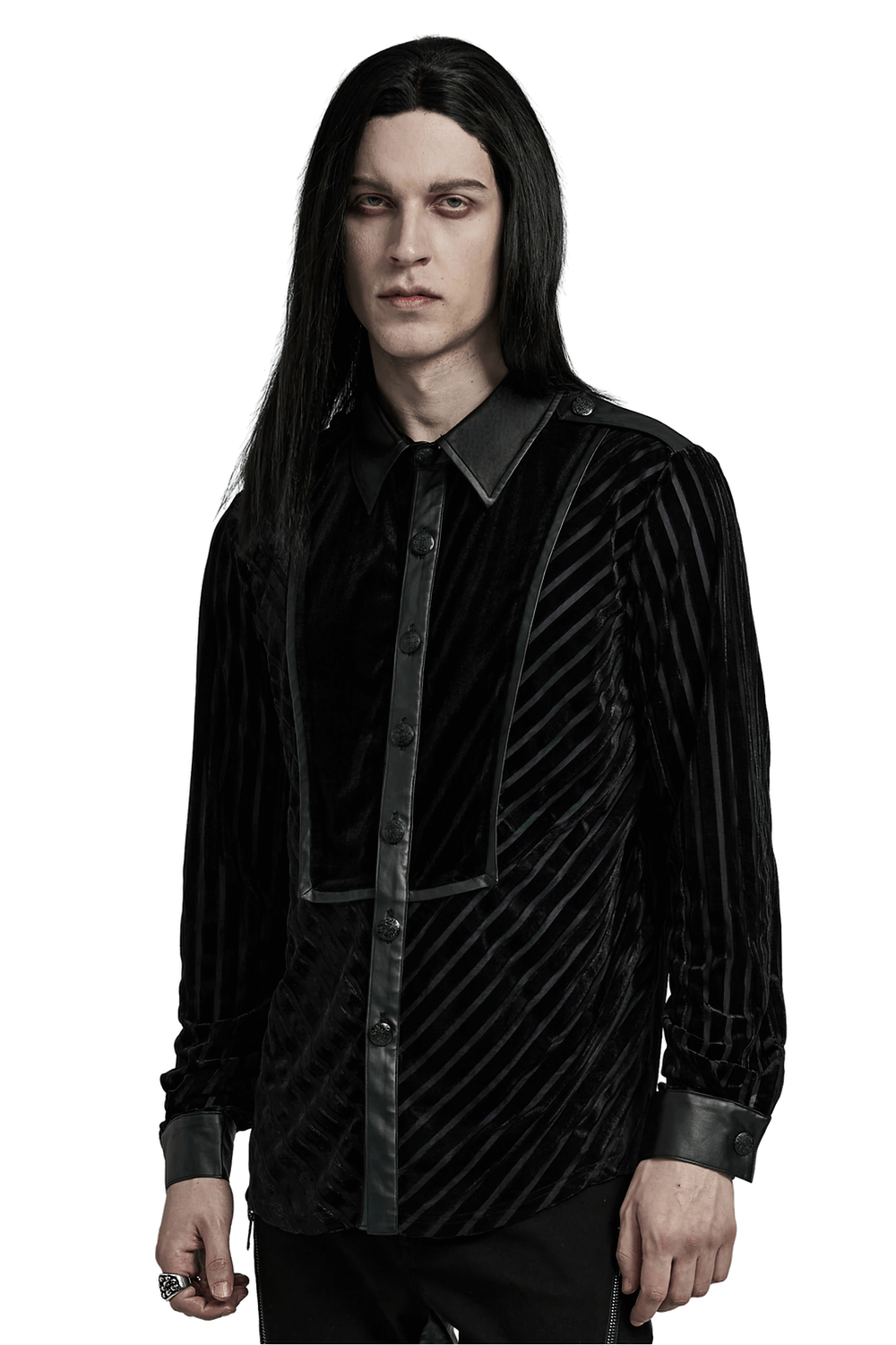 Chic black tactical striped velvet men's shirt with pressed rubberized fabric and elegant detailing.