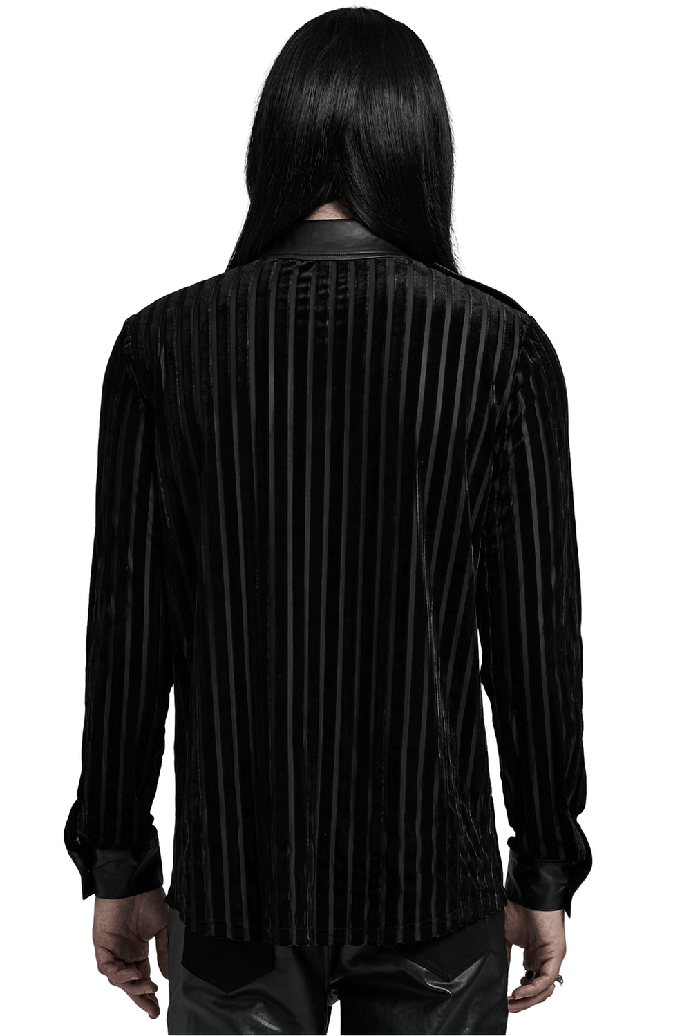 Back view of a chic black striped velvet men's shirt, showcasing its sleek design and luxurious texture.