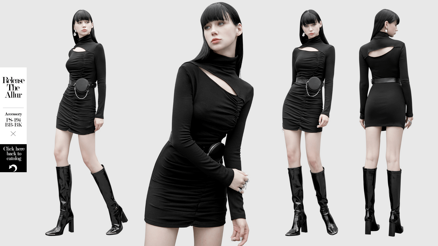 Chic Black Turtleneck Dress with Cutout and Ruched Detail