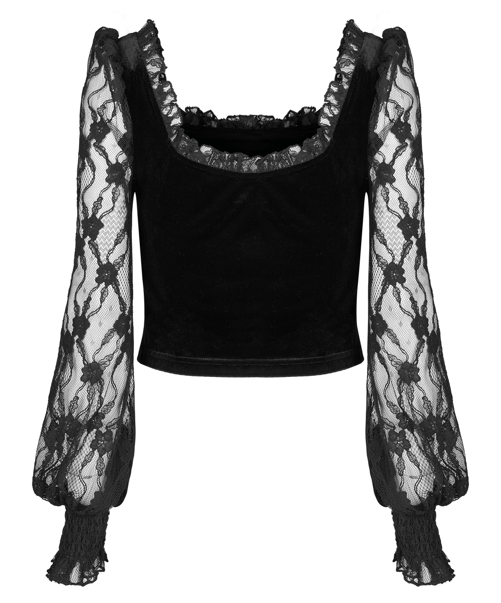 Chic Black Velvet Top with Sheer Lace Sleeves
