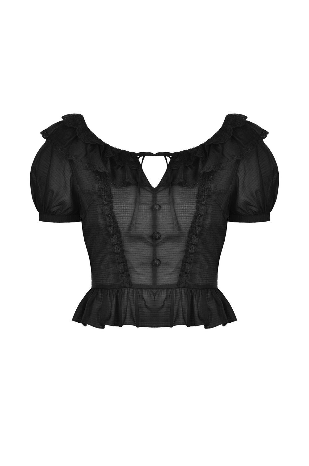 Chic black Victorian ruffle top with puffed sleeves, featuring lace accents and a flared design.