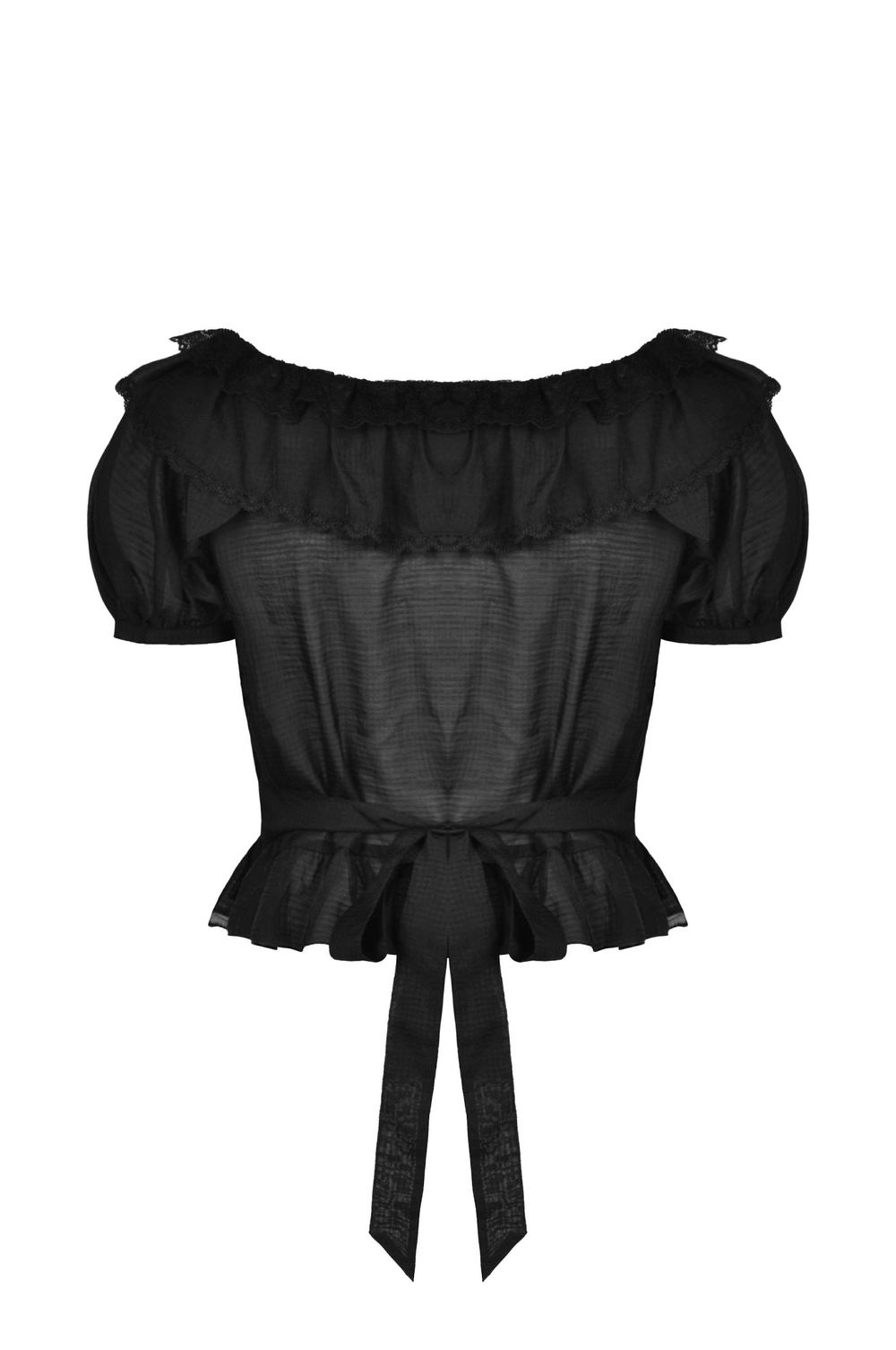 Chic black Victorian ruffle top with puff sleeves and a bow tie, perfect for gothic Lolita outfits.