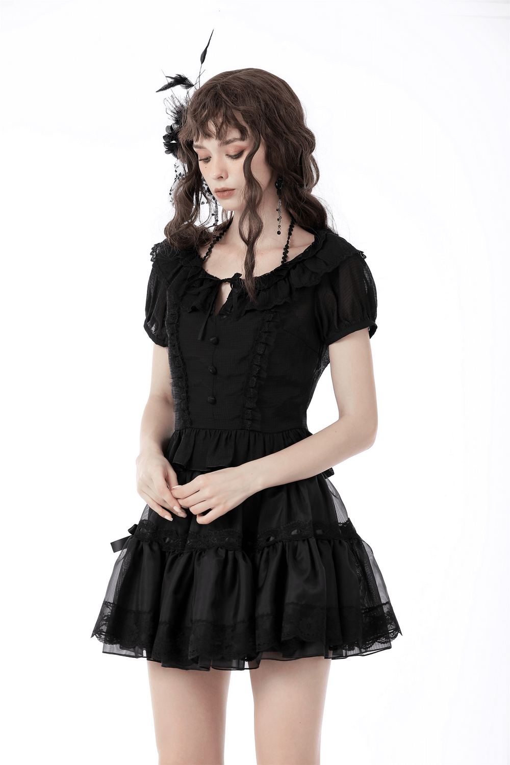 Chic Black Victorian Ruffle Top with Puff Sleeves