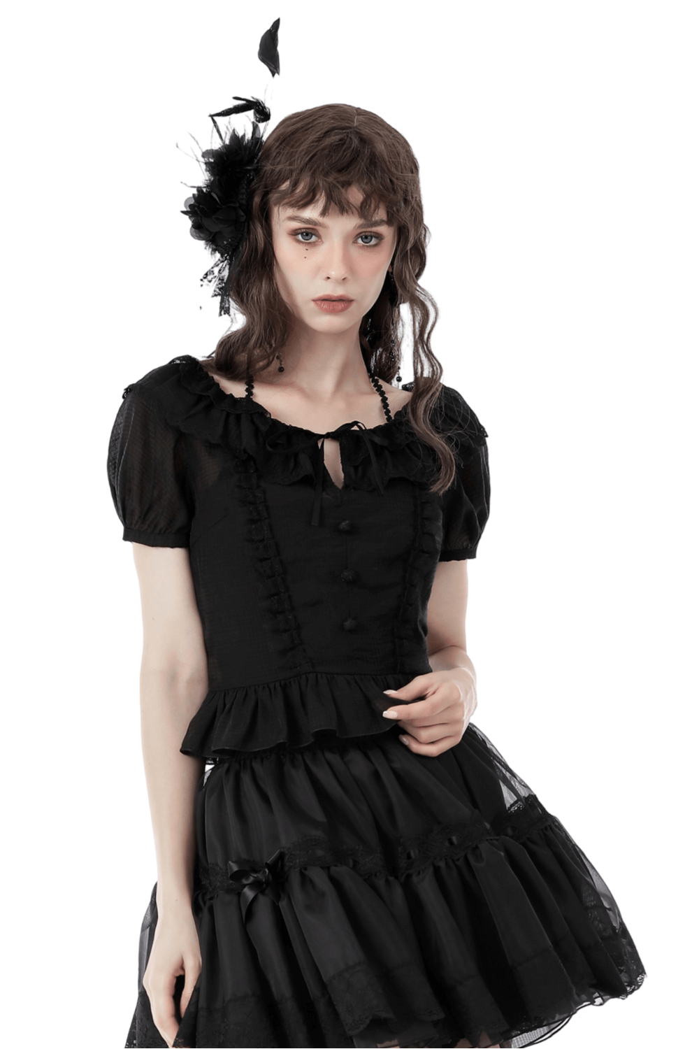 Chic black Victorian ruffle top with puff sleeves, featuring lace accents for a gothic Lolita style.