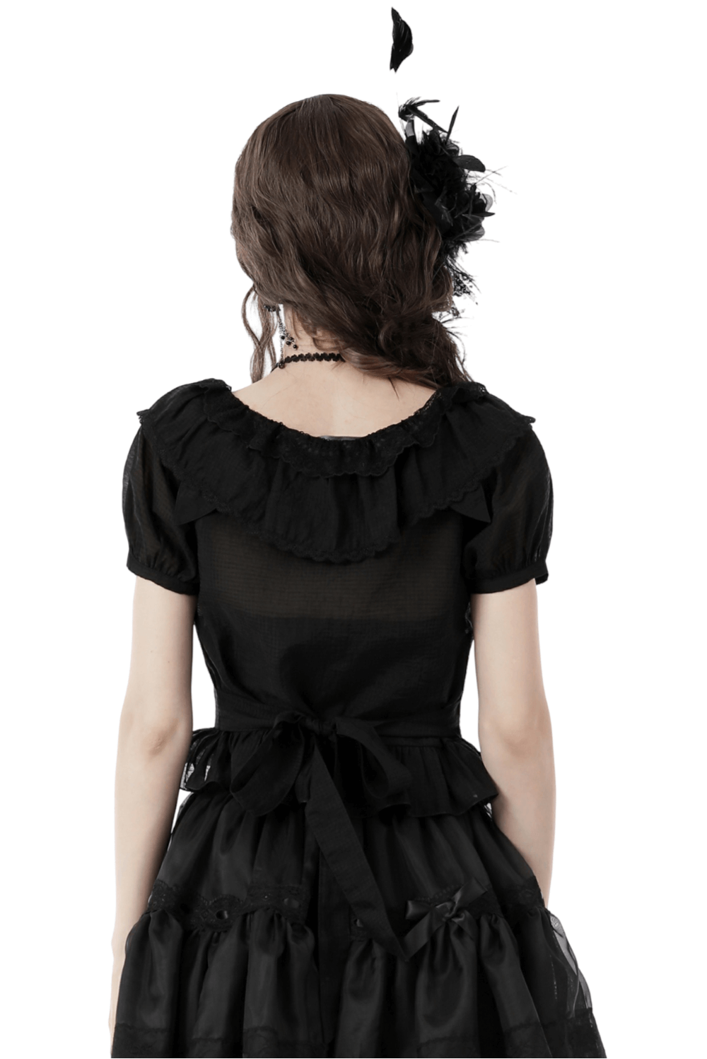 Back view of a black Victorian ruffle top with puff sleeves, featuring delicate lace and a stylish bow tie.