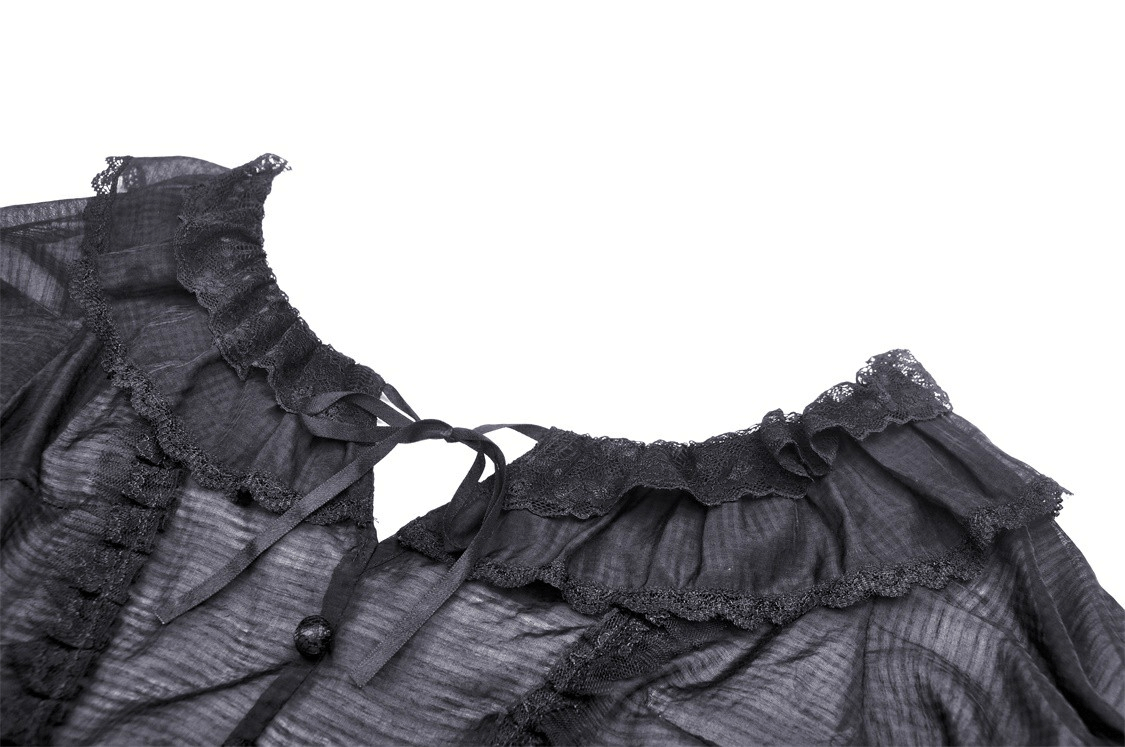 Chic black Victorian ruffle top with lace details and puff sleeves, perfect for gothic Lolita style. Elegant and whimsical design.