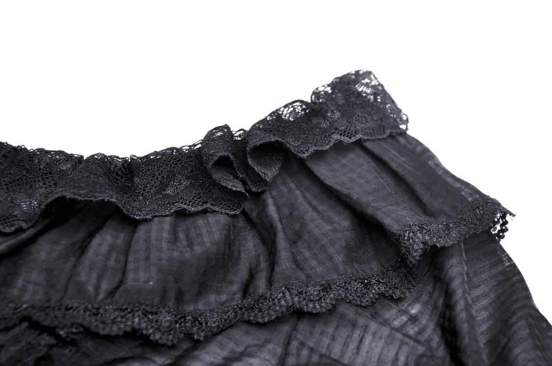 Chic black lace ruffle detail on a Victorian top, perfect for gothic Lolita fashion. Elegant fabric and puffed sleeves visible.