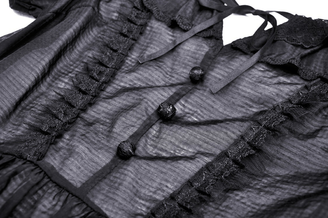 Chic black Victorian lace top featuring ruffled details and puff sleeves, perfect for gothic Lolita style.