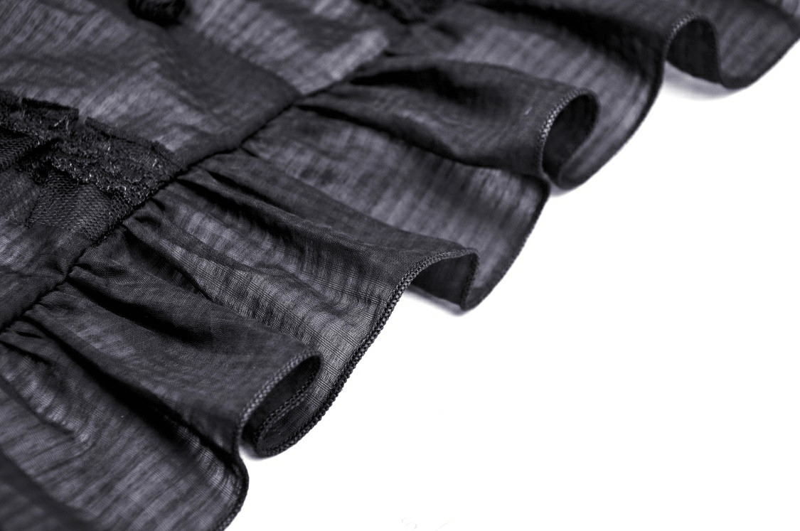 Chic black Victorian ruffle detail of a gothic lace top, showcasing elegant puff sleeves and whimsical textures.