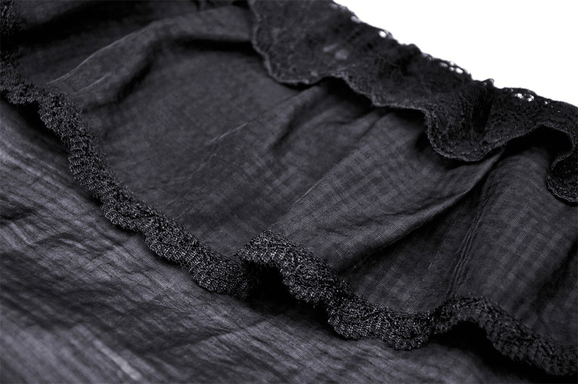 Close-up of black Victorian lace detailing with ruffles, perfect for gothic fashion enthusiasts.