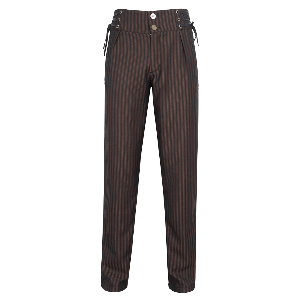 Chic brown striped trousers with lace-up sides and a high waist for stylish comfort.