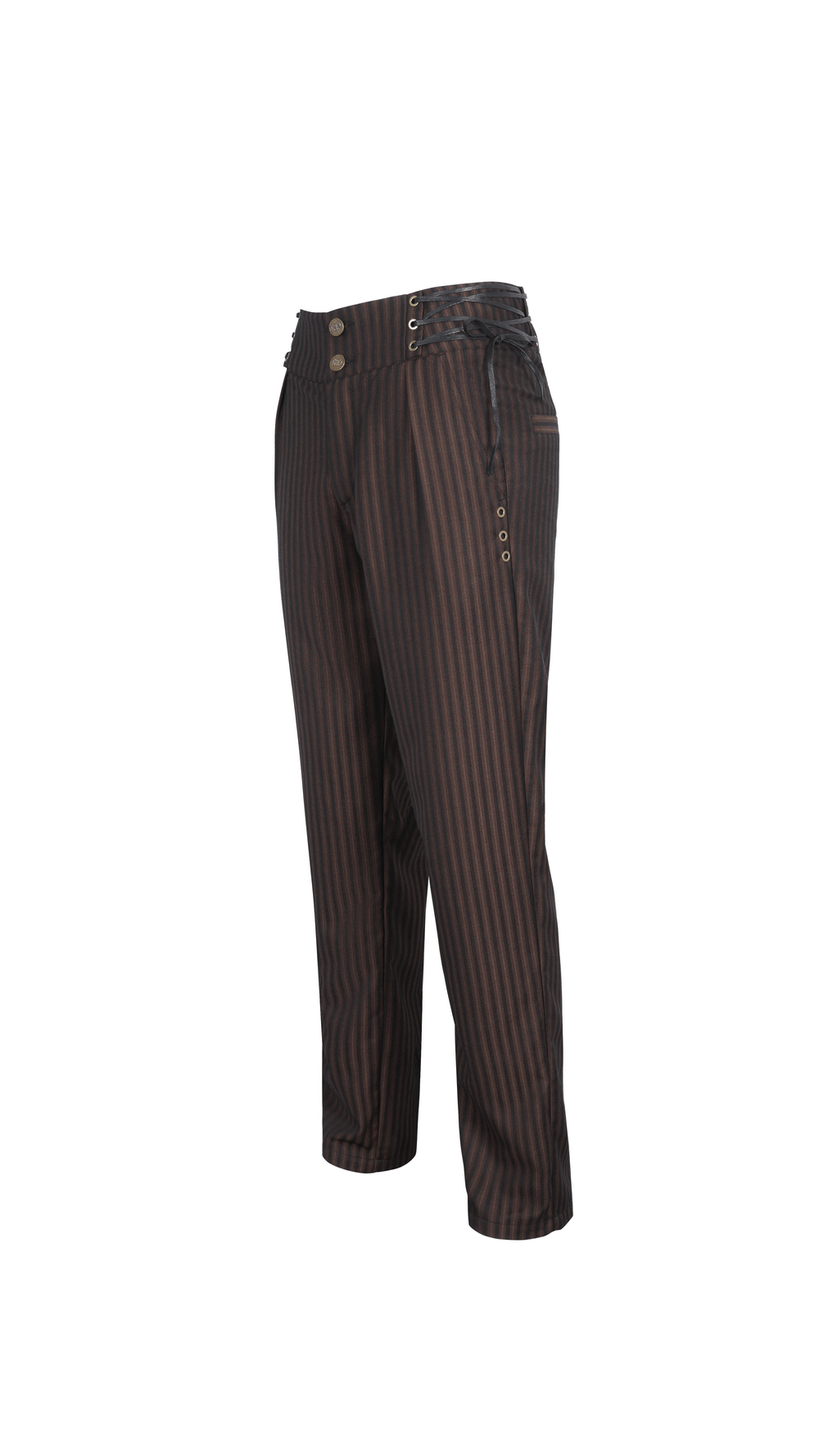 Chic brown striped trousers with lace-up sides, tailored fit, and wide legs for a stylish and relaxed look.