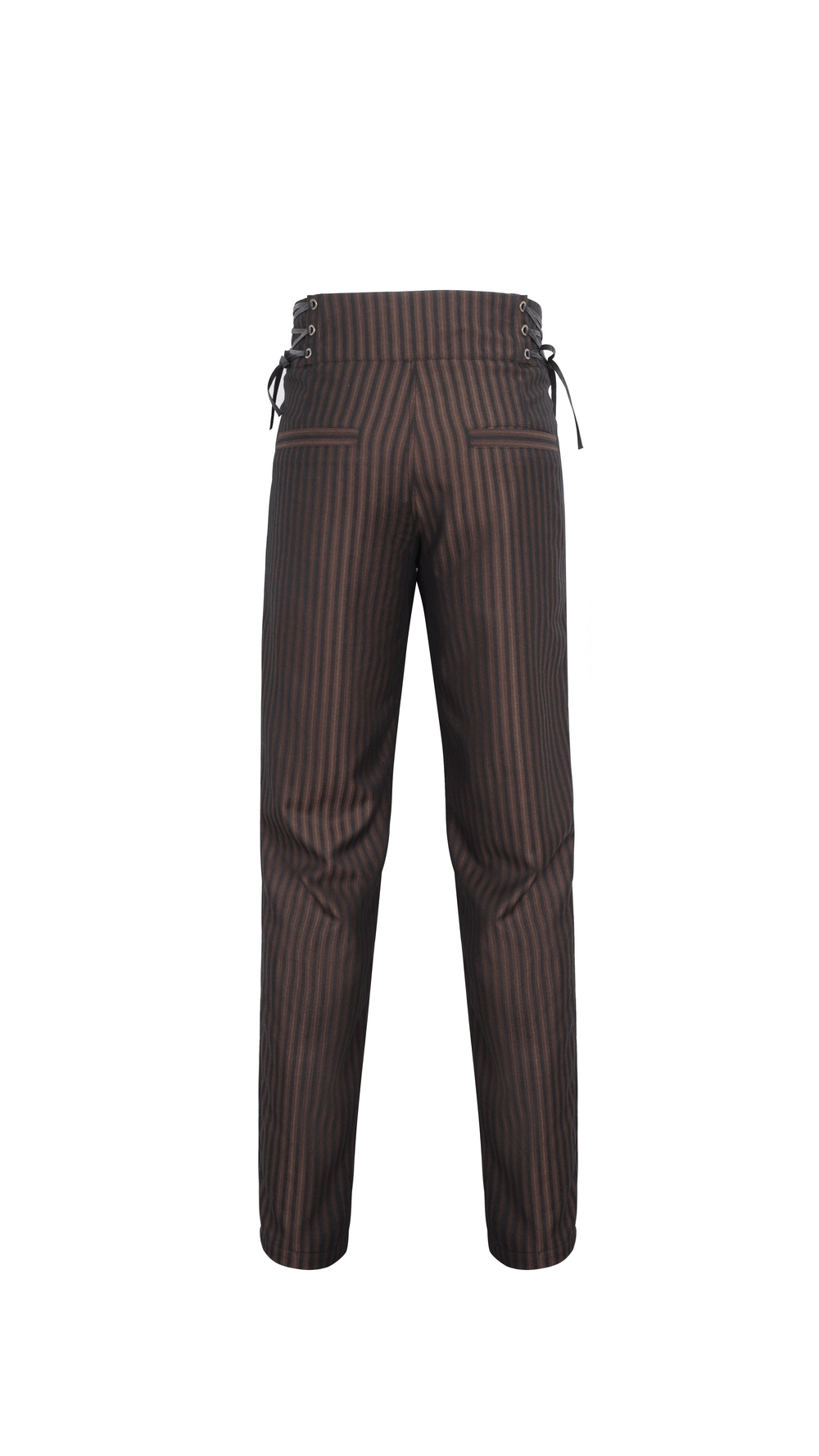 Chic brown striped trousers with lace-up sides, featuring a relaxed fit and wide legs for stylish comfort.