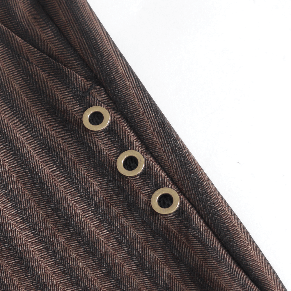 Close-up of chic brown striped trousers showcasing lace-up sides and stylish button details.