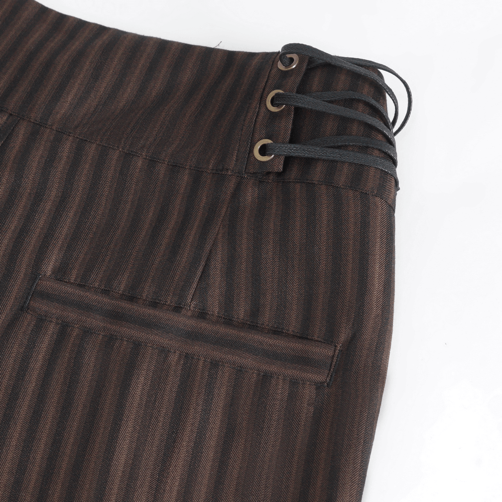 Chic brown striped trousers showcasing unique lace-up sides and relaxed fit for stylish comfort.