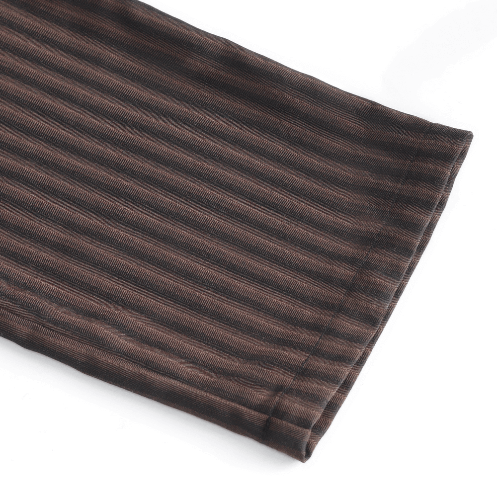 Close-up of chic brown striped trousers showcasing fabric texture and tailored design details.
