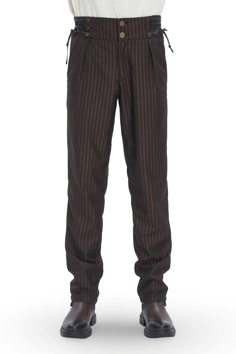 Chic brown striped trousers with lace-up sides, stylish wide-leg design perfect for elevating your outfit.