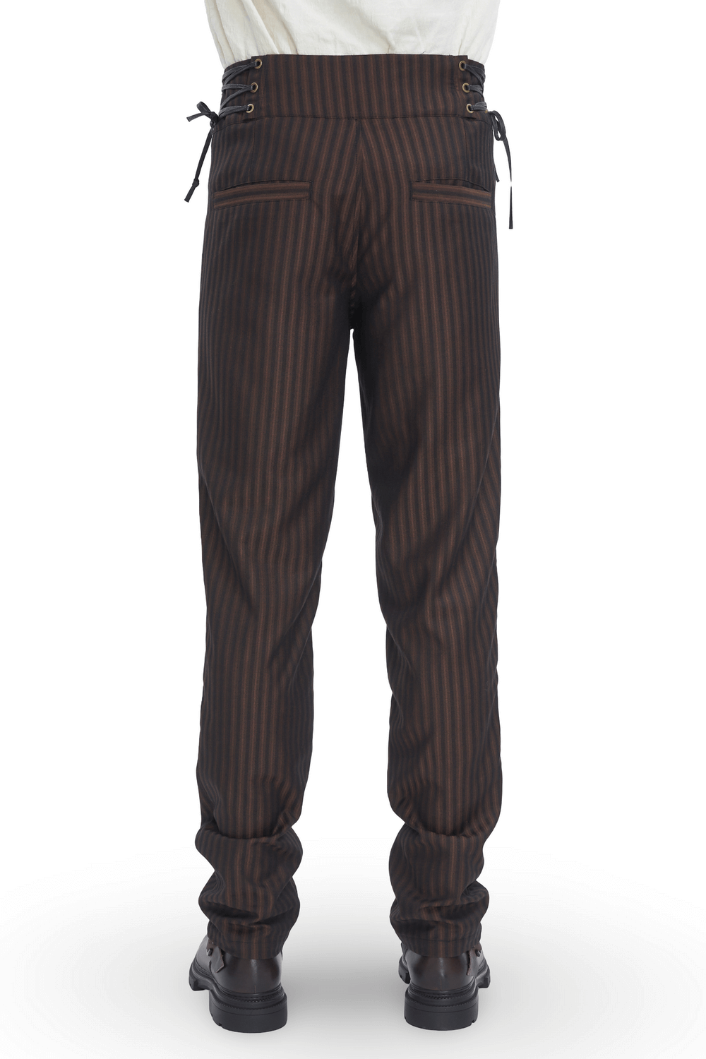 Back view of chic brown striped trousers with lace-up sides, perfect for a stylish, comfortable look.