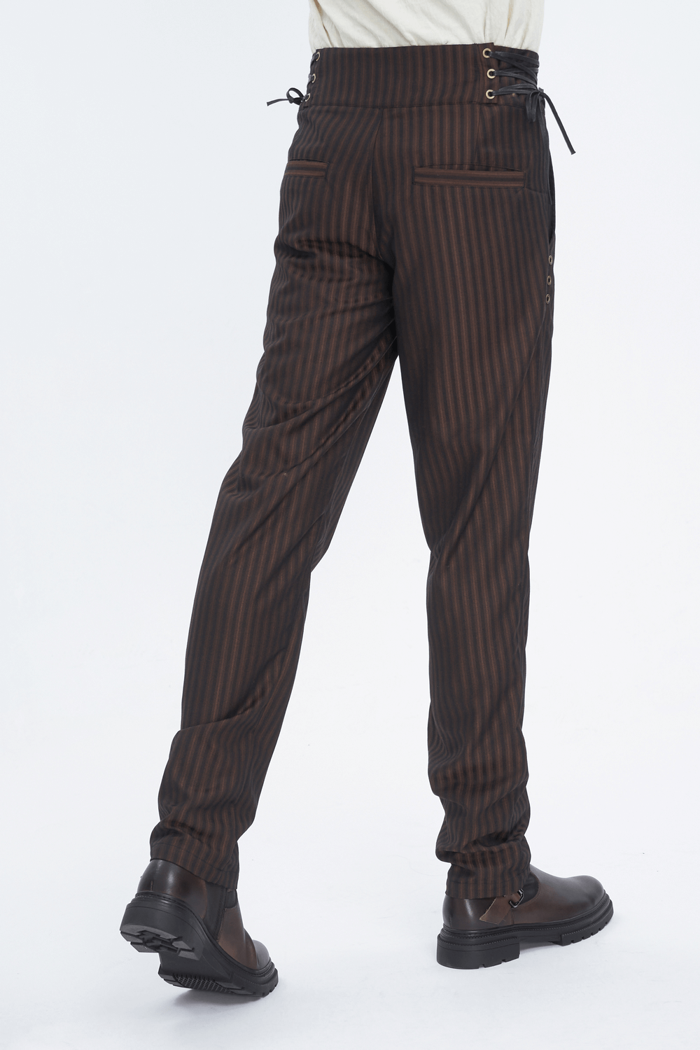 Chic brown striped trousers with lace-up sides, showcasing a relaxed fit and elegant wide-leg design.
