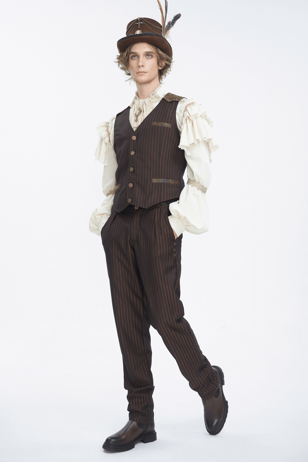 Chic brown striped trousers with lace-up sides paired with a vintage-inspired vest and hat for a stylish look.