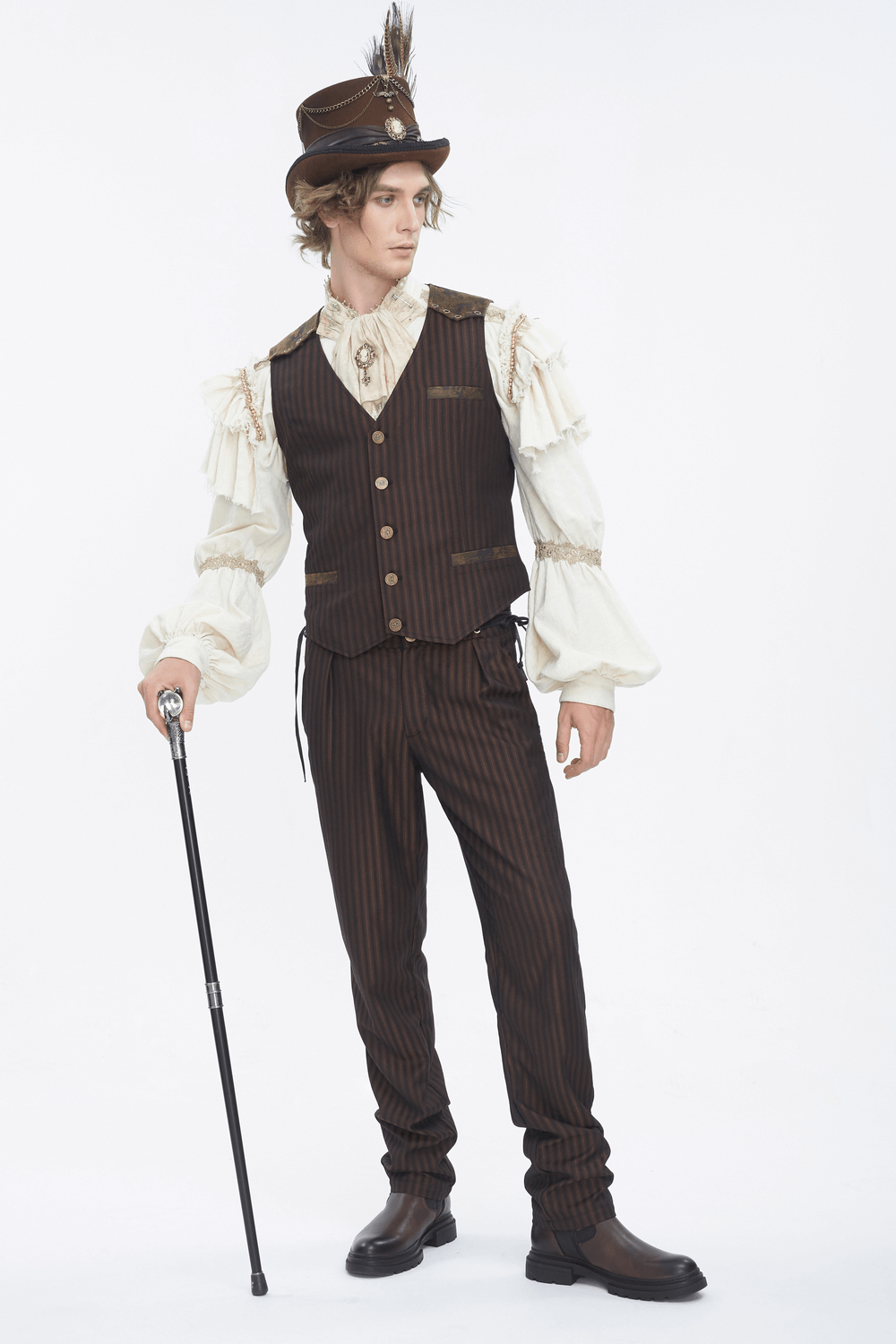 Stylish man in vintage-inspired striped trousers and vest, complete with top hat and cane, exuding classic elegance.