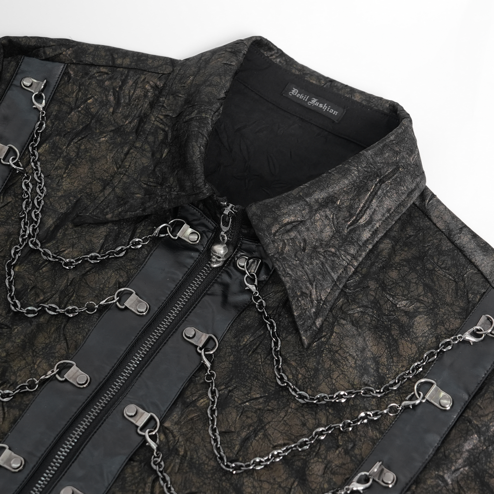 Chic sheer black chain shirt with faux leather straps and loops, perfect for punk and cyber-inspired looks.