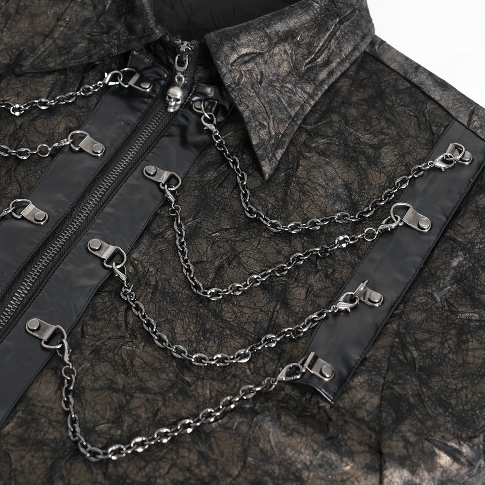 Close-up of chic chain shirt with faux leather straps and decorative chains for a punk rock style.