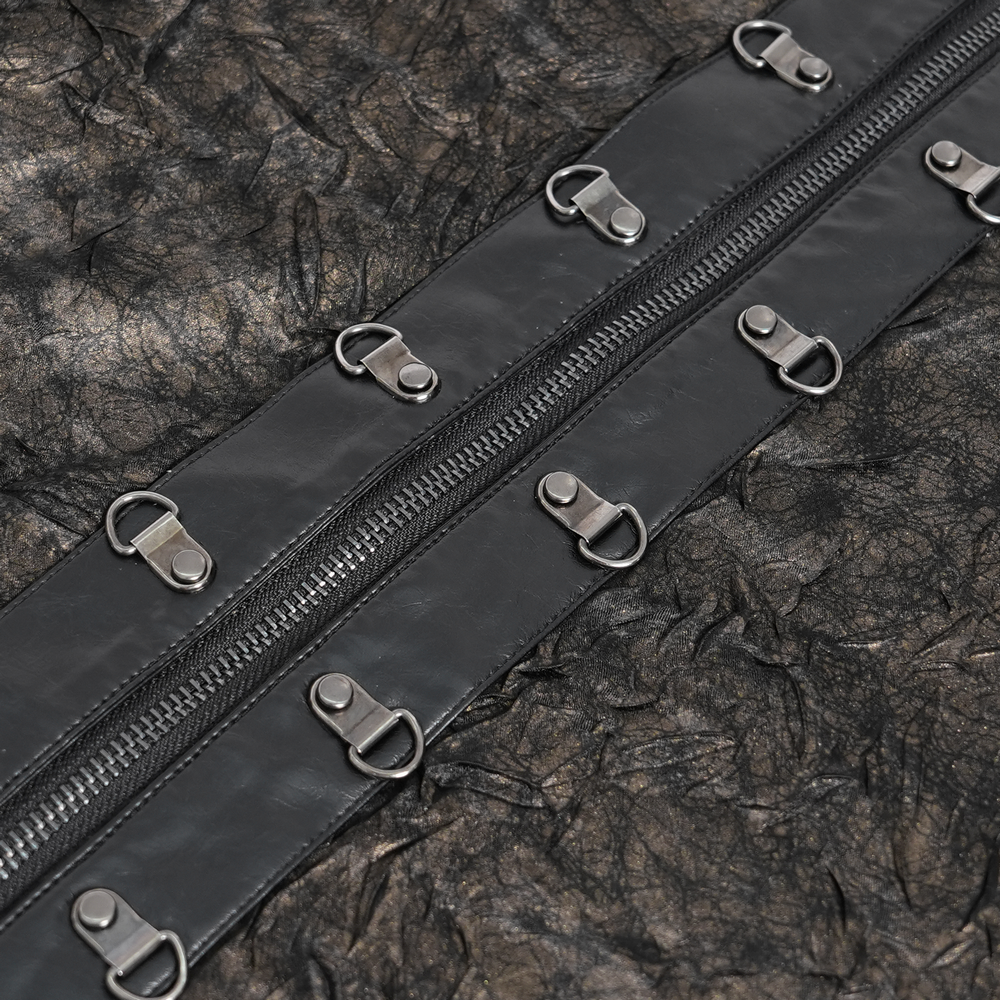 Close-up of punk rock sheer shirt with faux leather straps and silver-tone buckles.