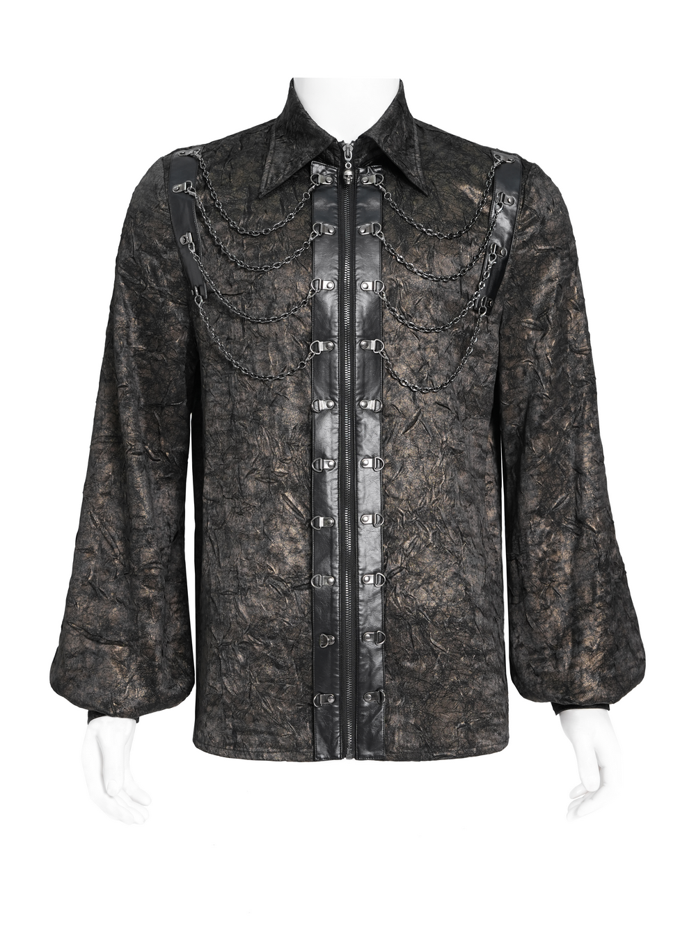 Chic punk rock shirt featuring faux leather straps, chains, and balloon sleeves for a bold streetwear look.