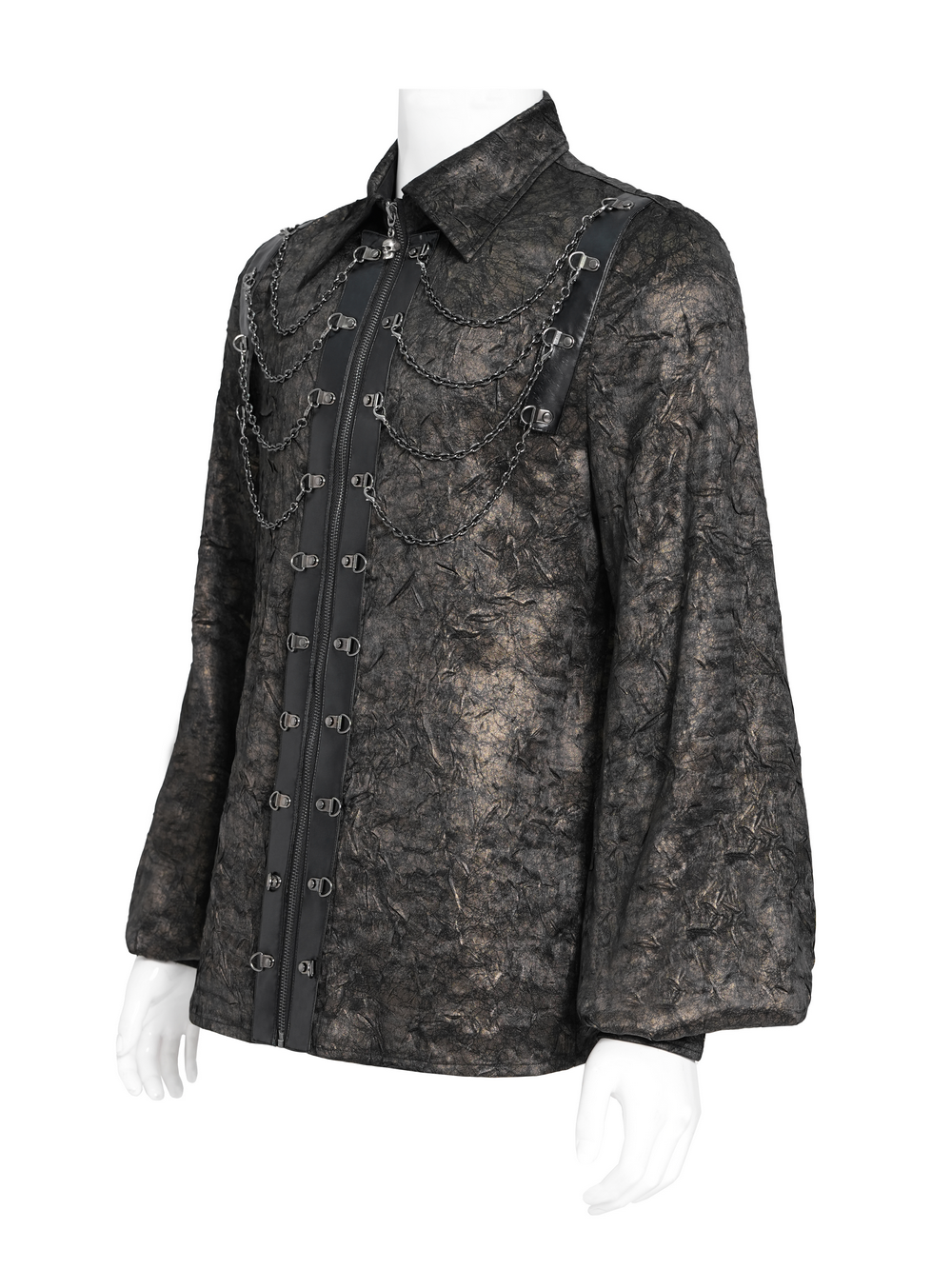 Chic sheer punk rock shirt with faux leather straps, chains, and balloon sleeves, perfect for edgy streetwear.