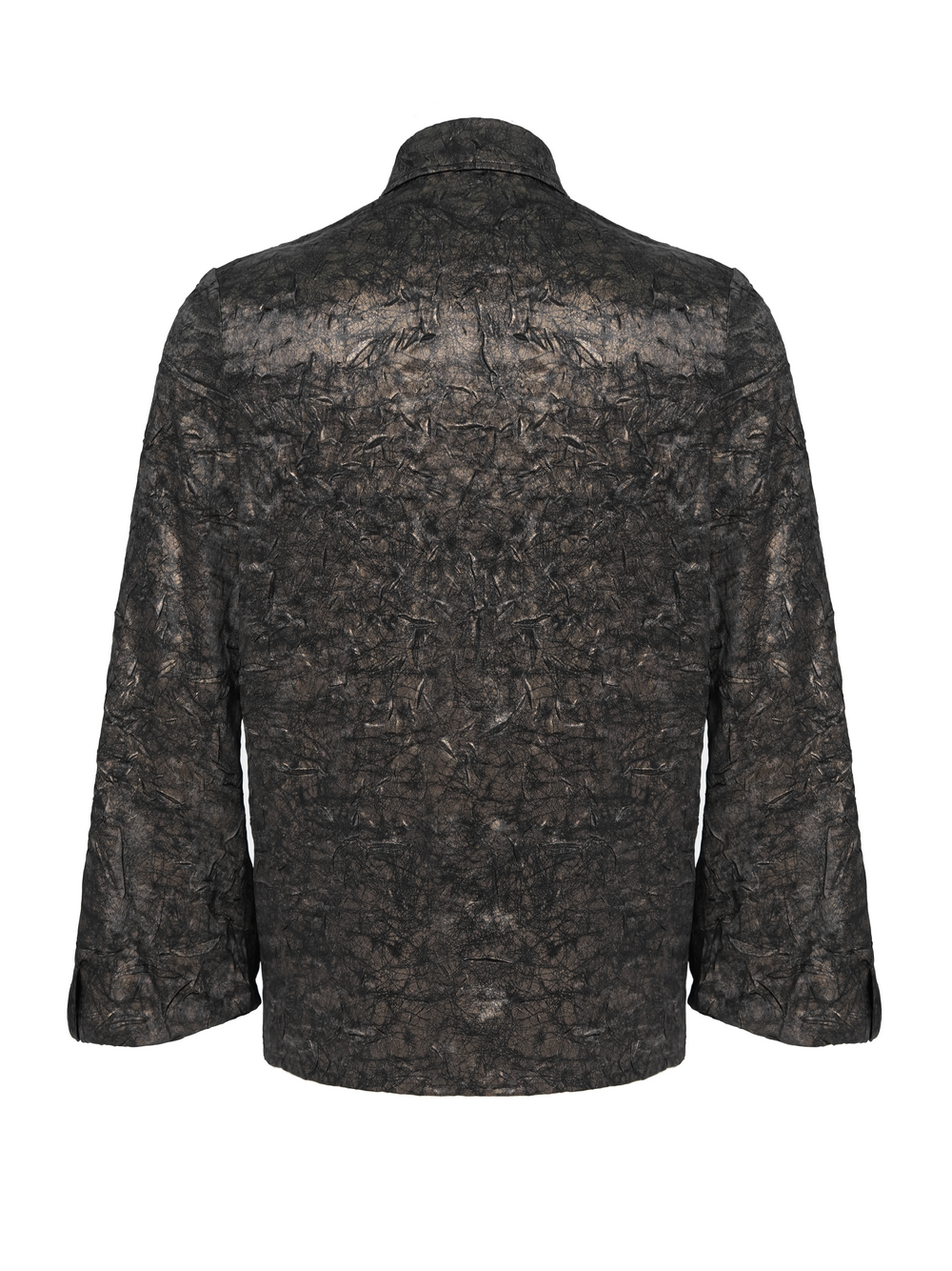 Back view of a chic black sheer shirt with textured fabric and balloon sleeves, perfect for punk rock fashion.