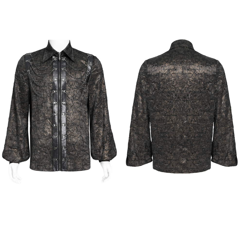 Chic punk rock sheer shirt with faux leather straps, chains, and balloon sleeves, perfect for edgy streetwear.