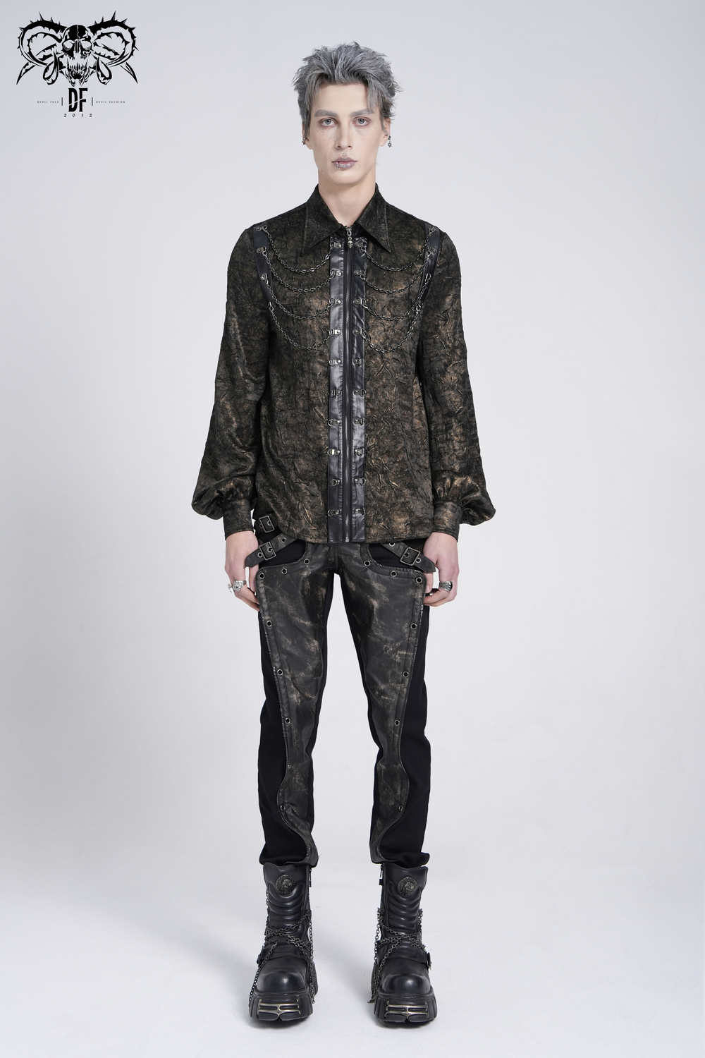 Punk rock sheer shirt with faux leather straps and chains, featuring balloon sleeves and a button-up front.