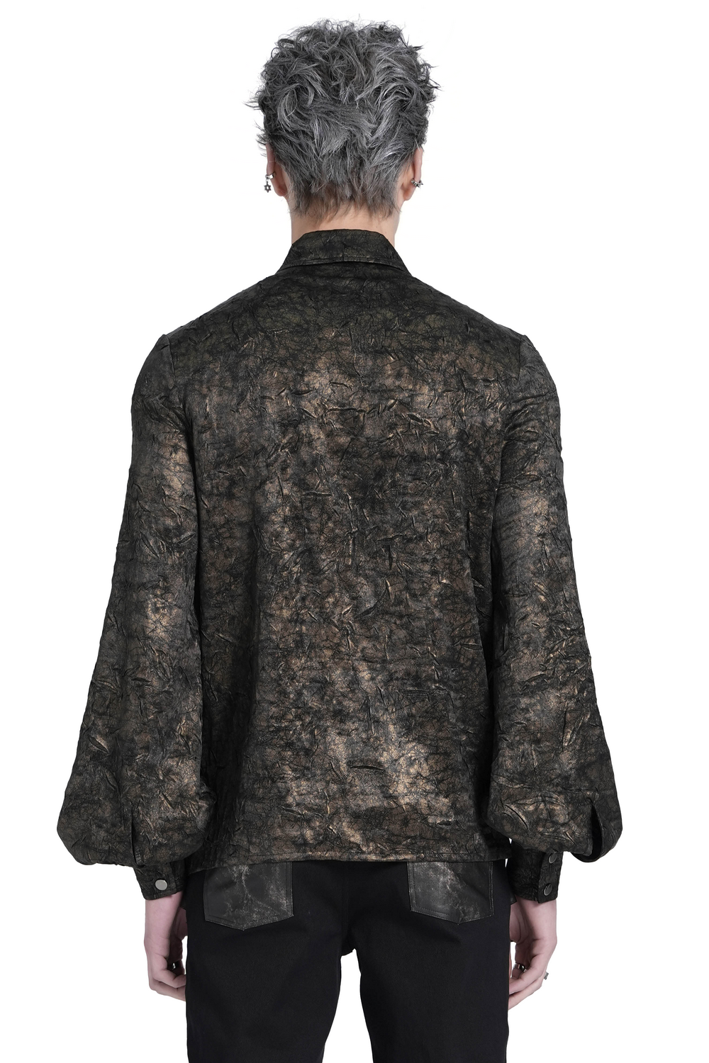 Chic punk rock sheer shirt with balloon sleeves and faux leather accents, showcasing a textured back view.