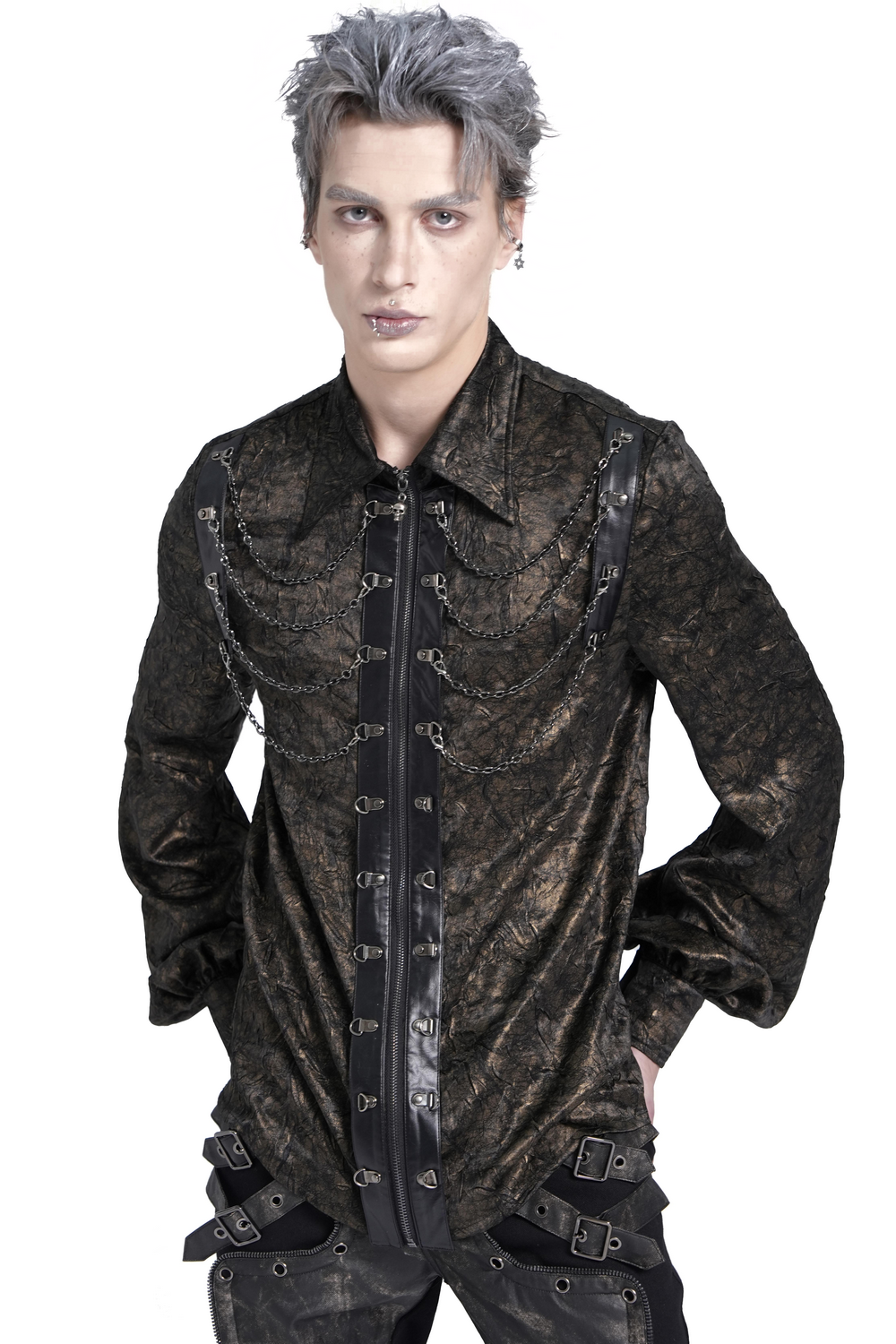 Chic sheer punk rock shirt with faux leather straps, chains, and loop accents, styled for a dark streetwear look.