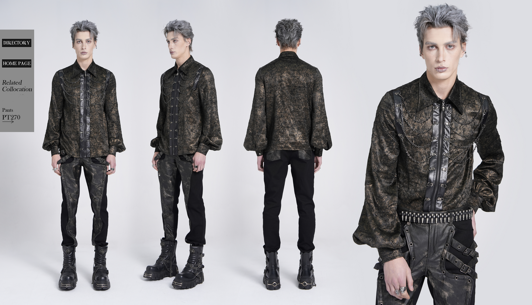 Model showcasing chic chain shirt with faux leather straps and balloon sleeves in a punk-inspired outfit.