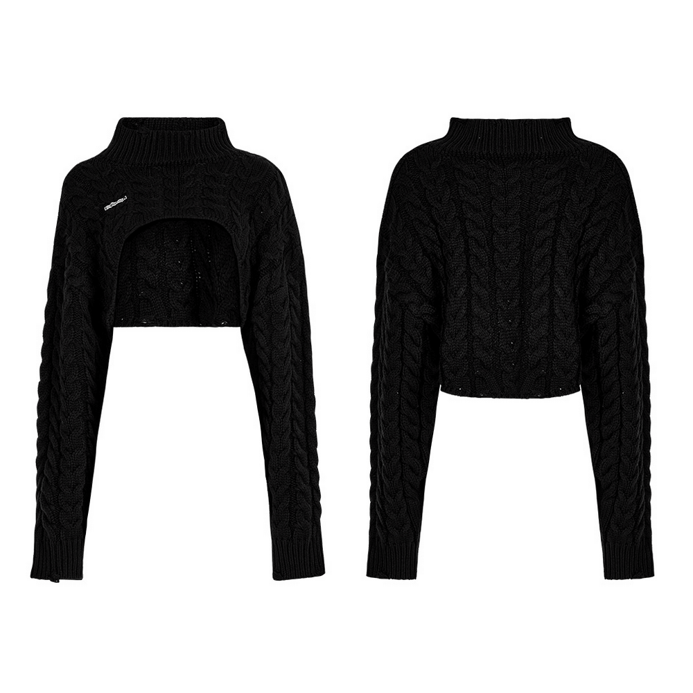Elegant black cropped knit turtleneck sweater for women, featuring a stylish cable knit design.