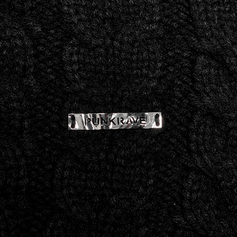 Close-up of a silver emblem with 'Punkrave' on a textured black knit fabric.
