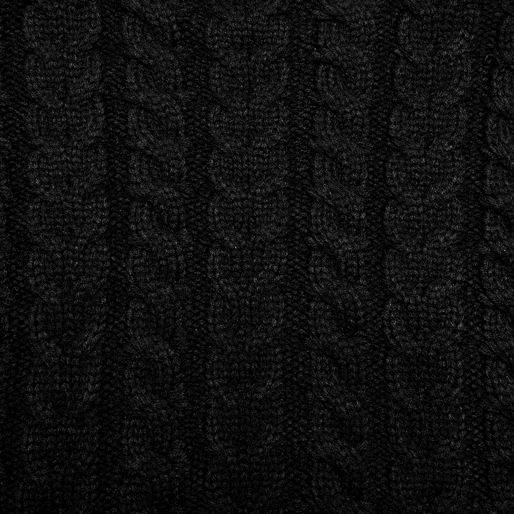 Close-up of an elegant black knit texture featuring a cable pattern, perfect for stylish sweater designs.