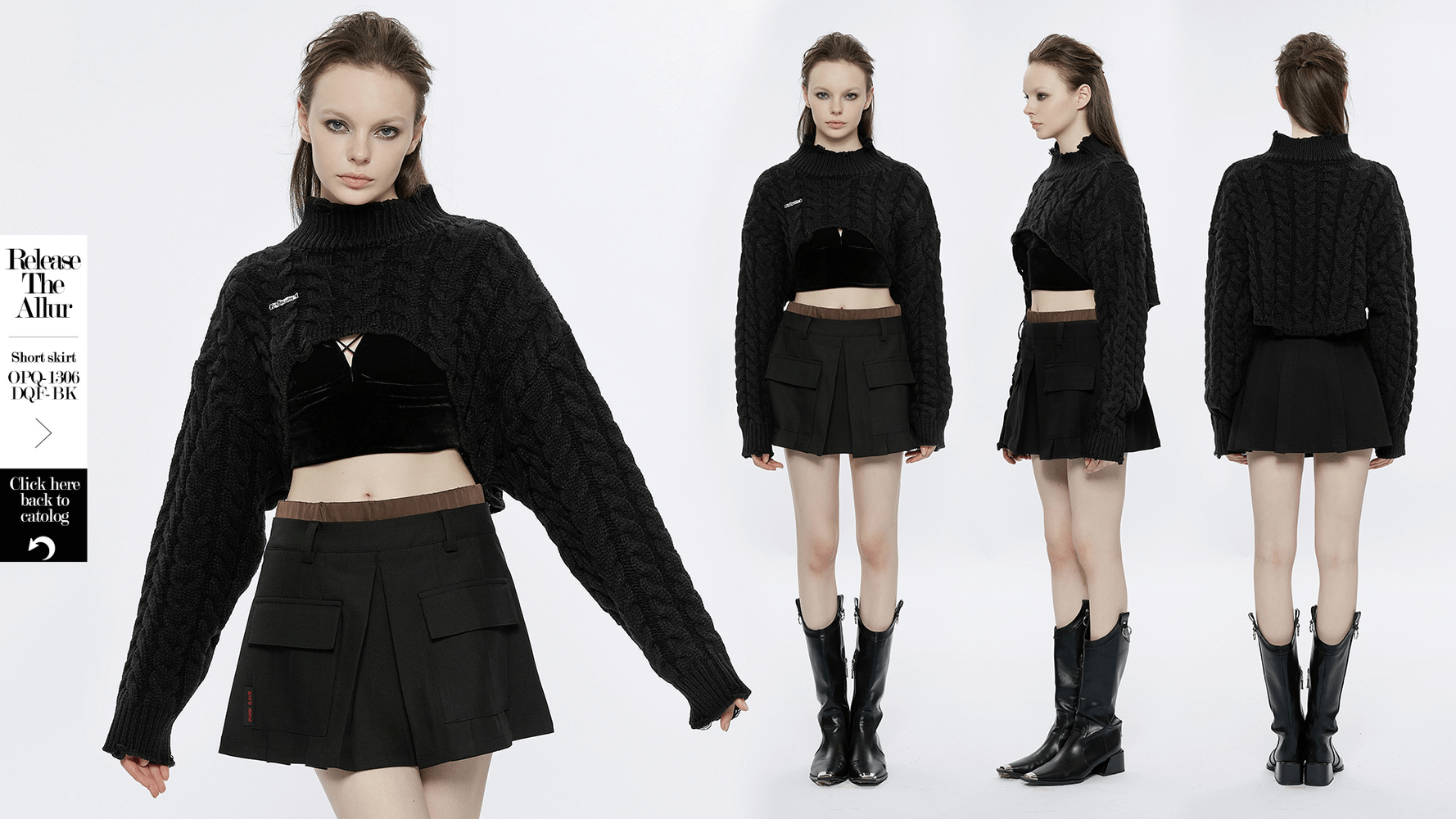 Chic cropped black knit turtleneck sweater for women styled with a mini skirt and black boots, perfect for trendy outfits.