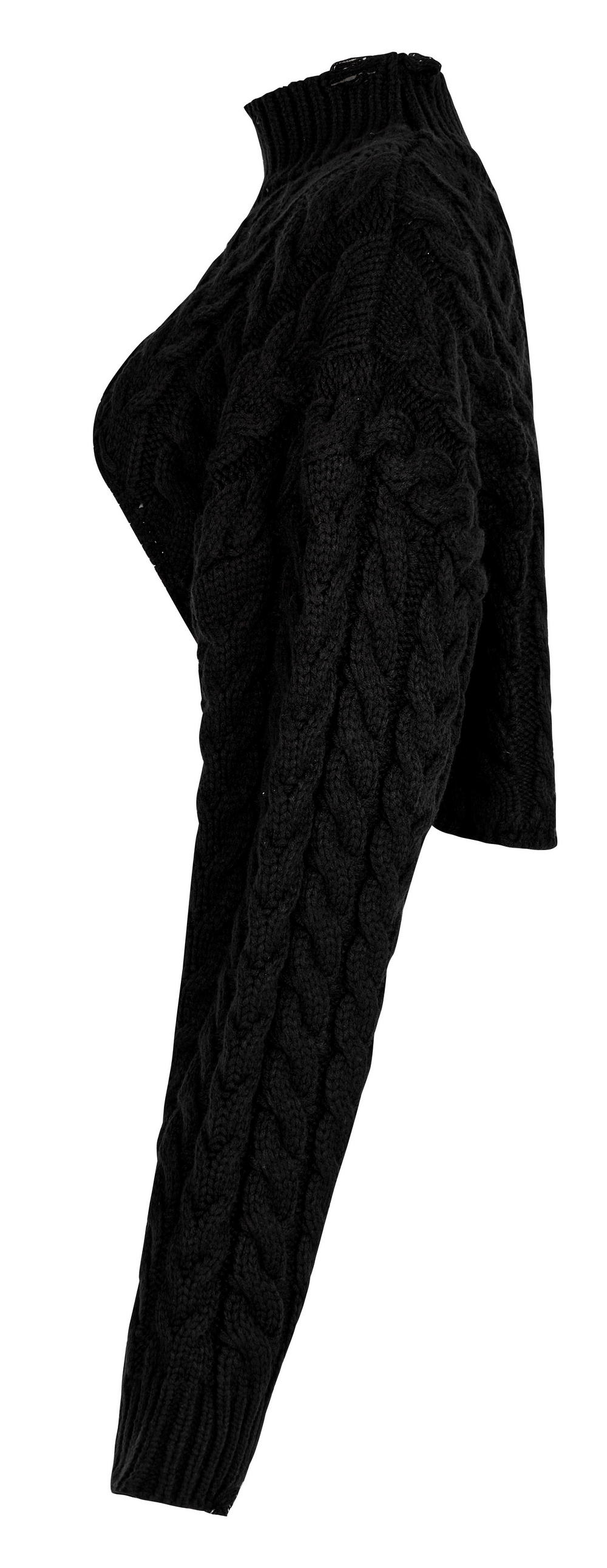 Elegant black cropped knit turtleneck sweater for women, featuring a stylish cable knit design.