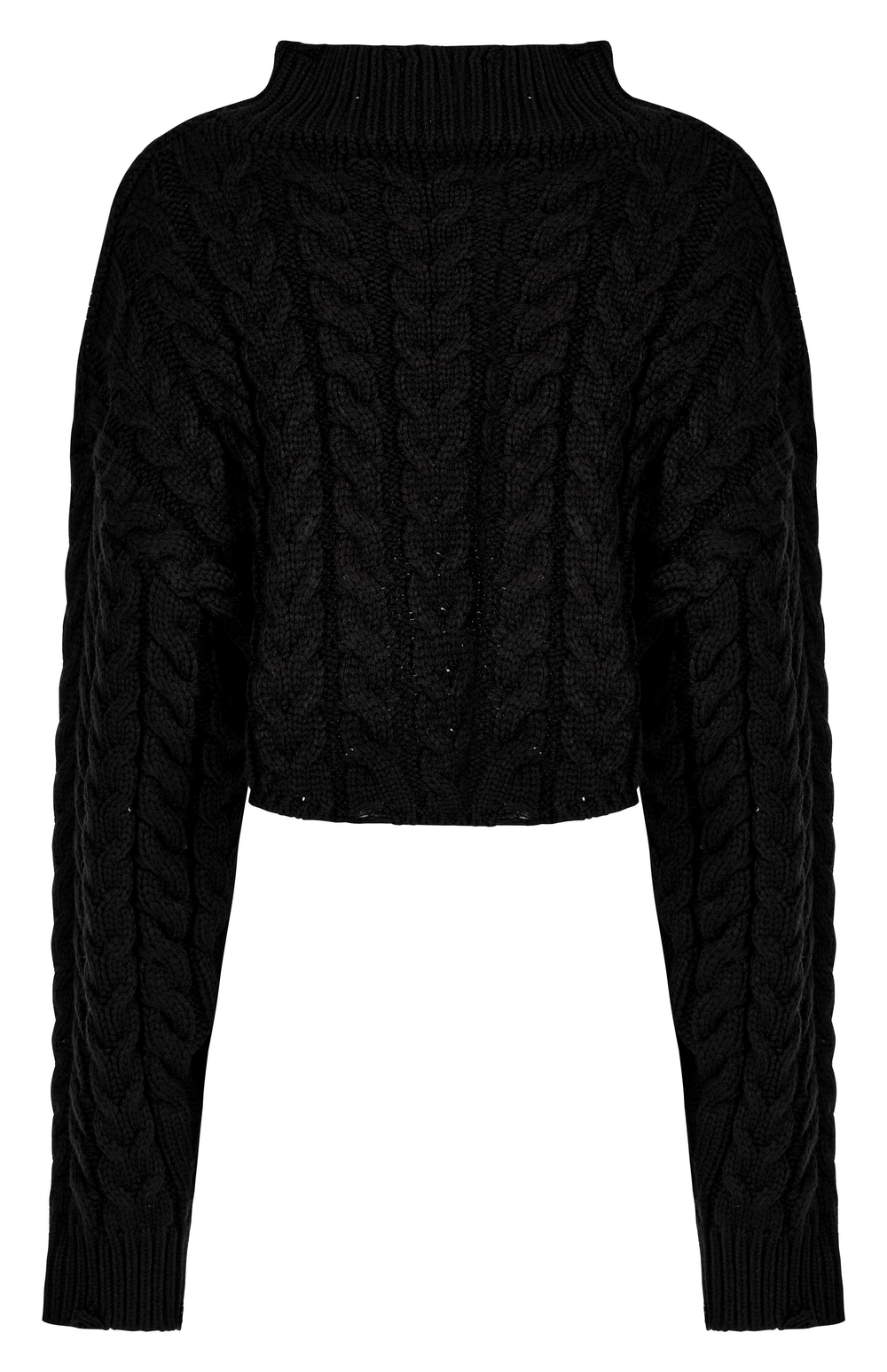 Chic cropped black knit turtleneck sweater for women, featuring a stylish cable knit design and cozy fit.