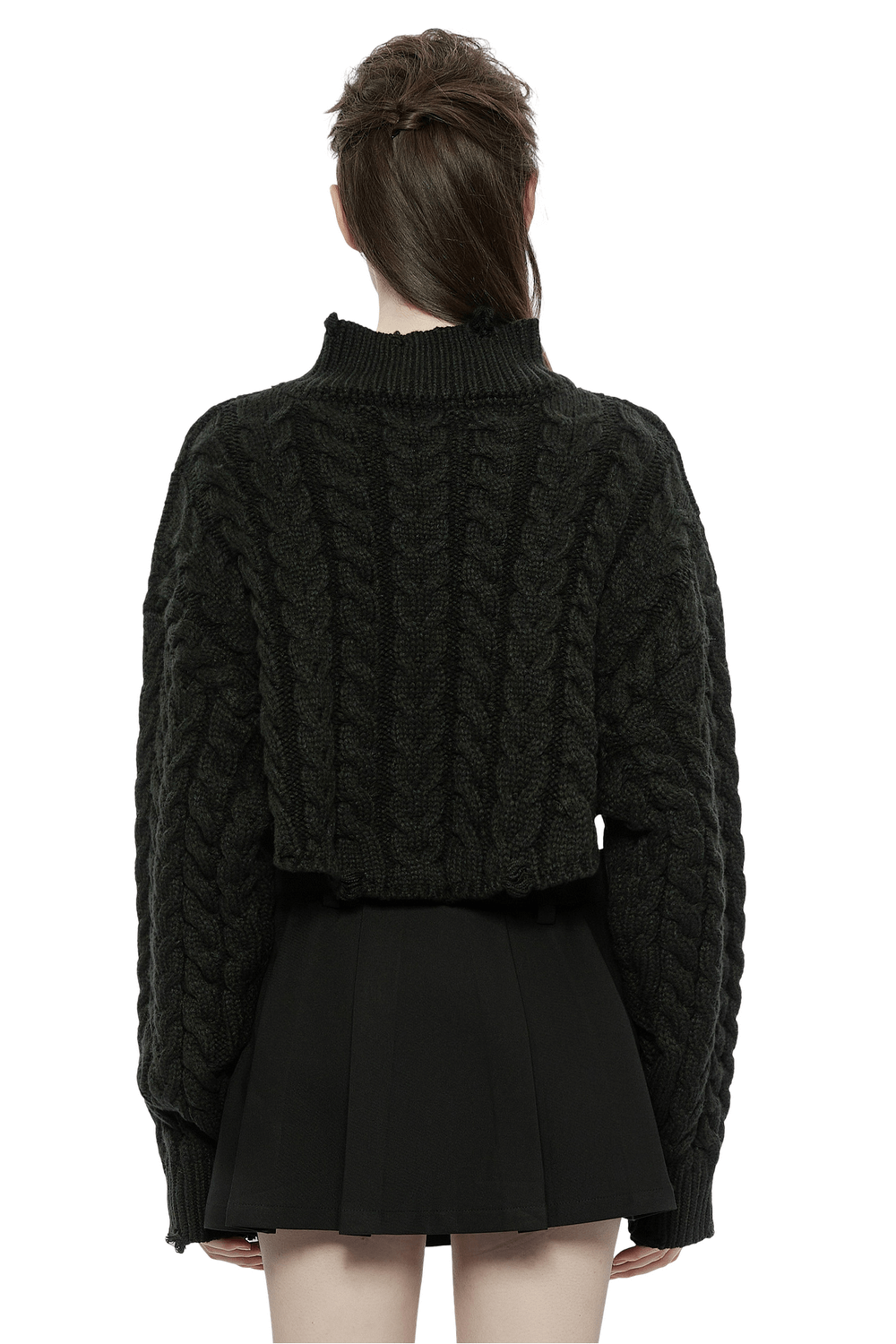 Back view of stylish black cropped knit turtleneck sweater for women, perfect for chilly days.