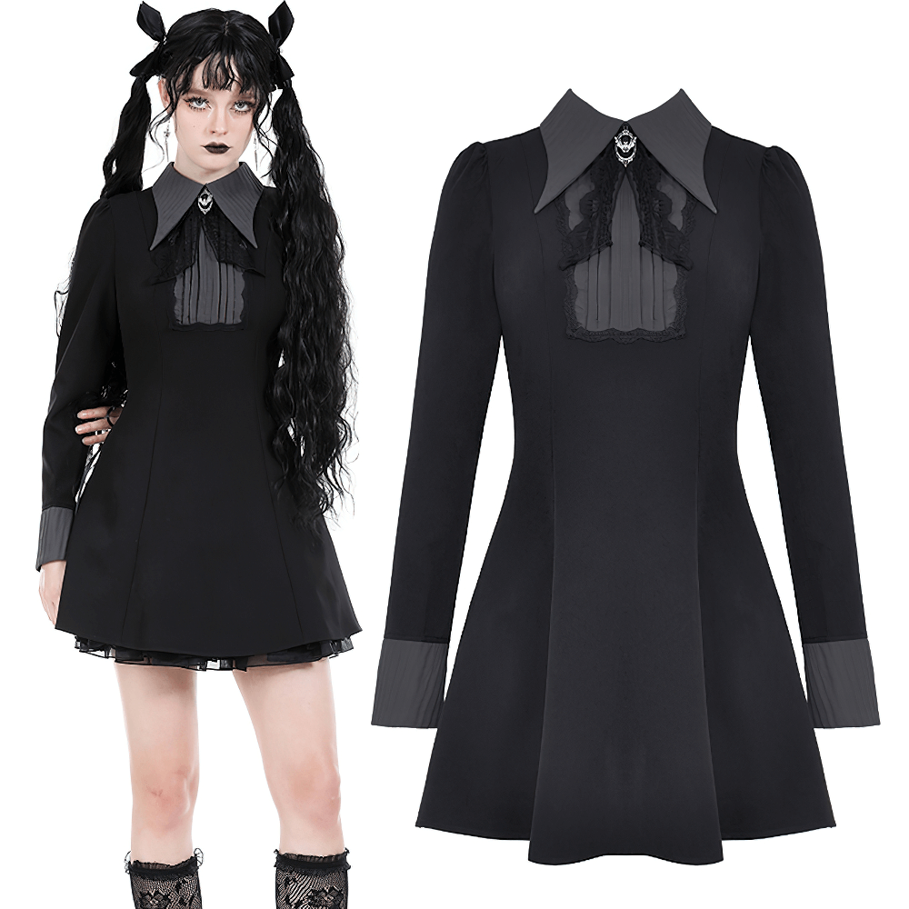 Chic Dark Long Sleeves Dress with Collar and Brooch