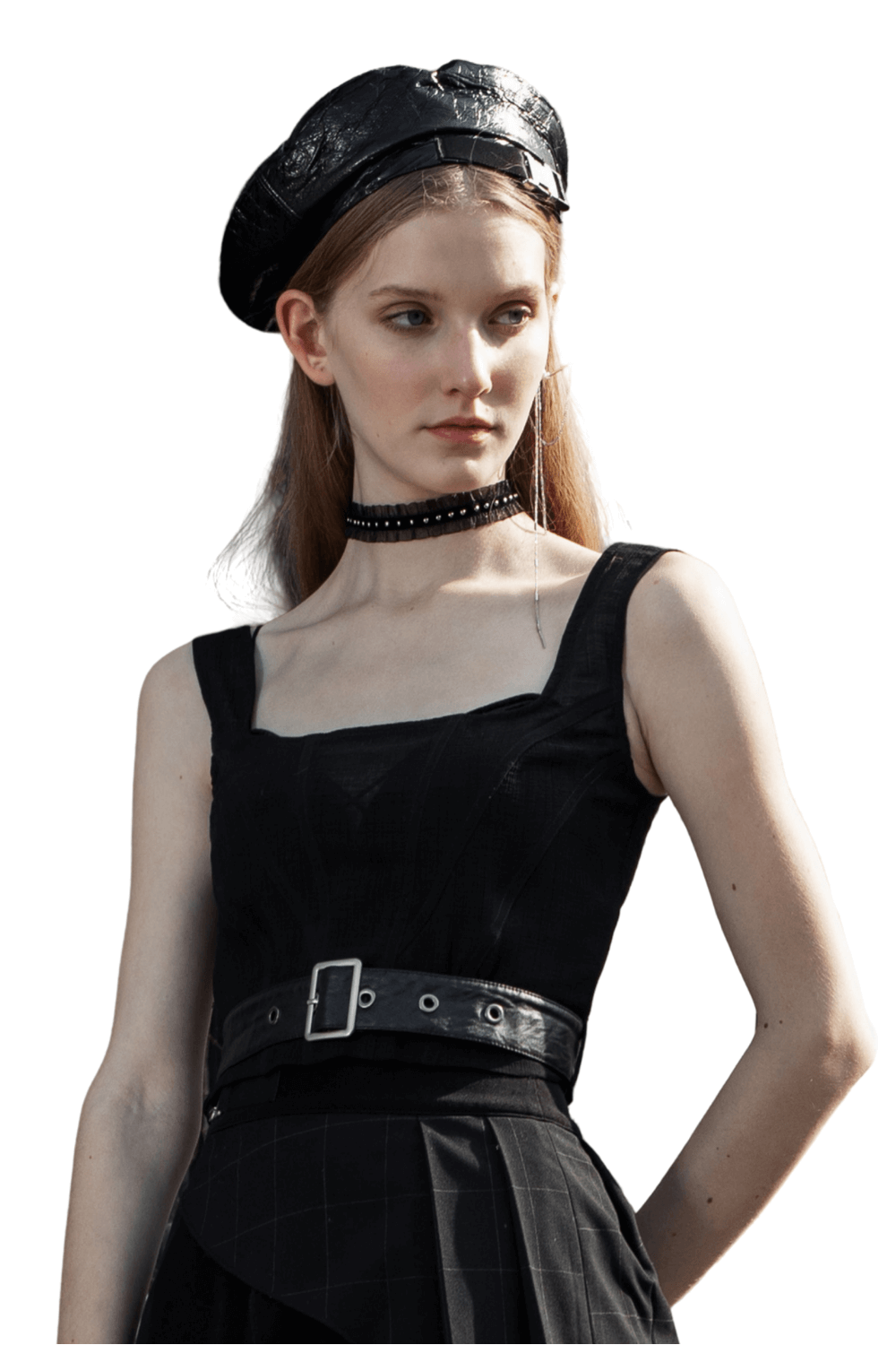 Model wearing a chic dark plaid mesh top with a detachable belt and stylish accessories, showcasing a modern, elegant look.