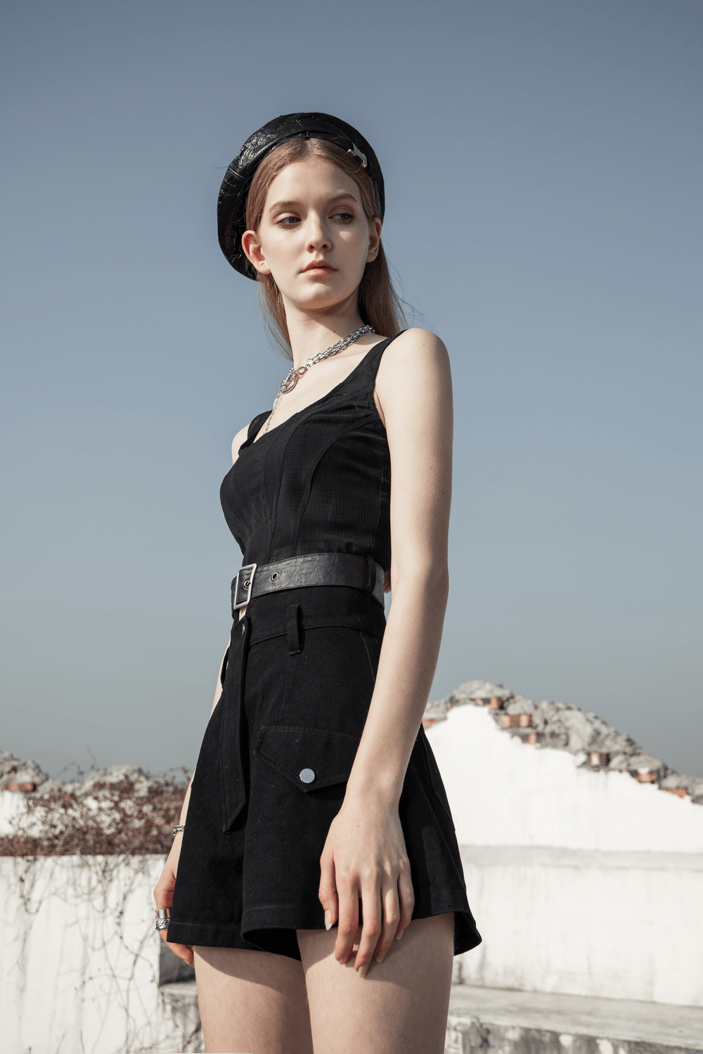 Chic dark plaid mesh top with detachable belt for an elegant and stylish look.