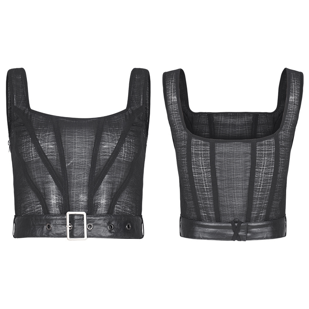 Chic dark plaid mesh top with detachable belt, showcasing square collar and fitted design for elegant style.