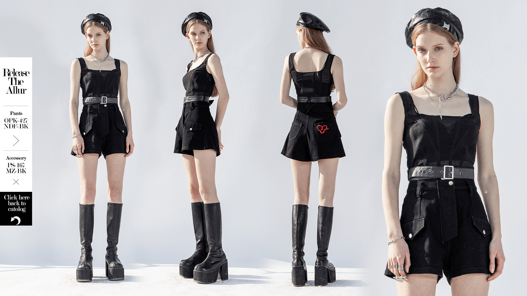Chic black mesh top with detachable belt, square collar design, showcasing stylish elegance with platform boots.