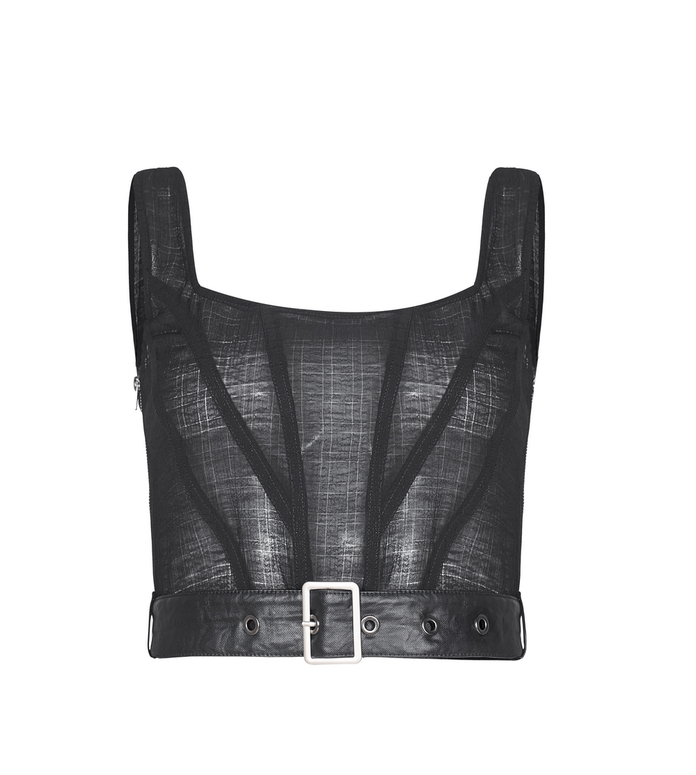 Chic dark plaid mesh top with detachable leather belt and square collar, perfect for elegant styling and comfort.